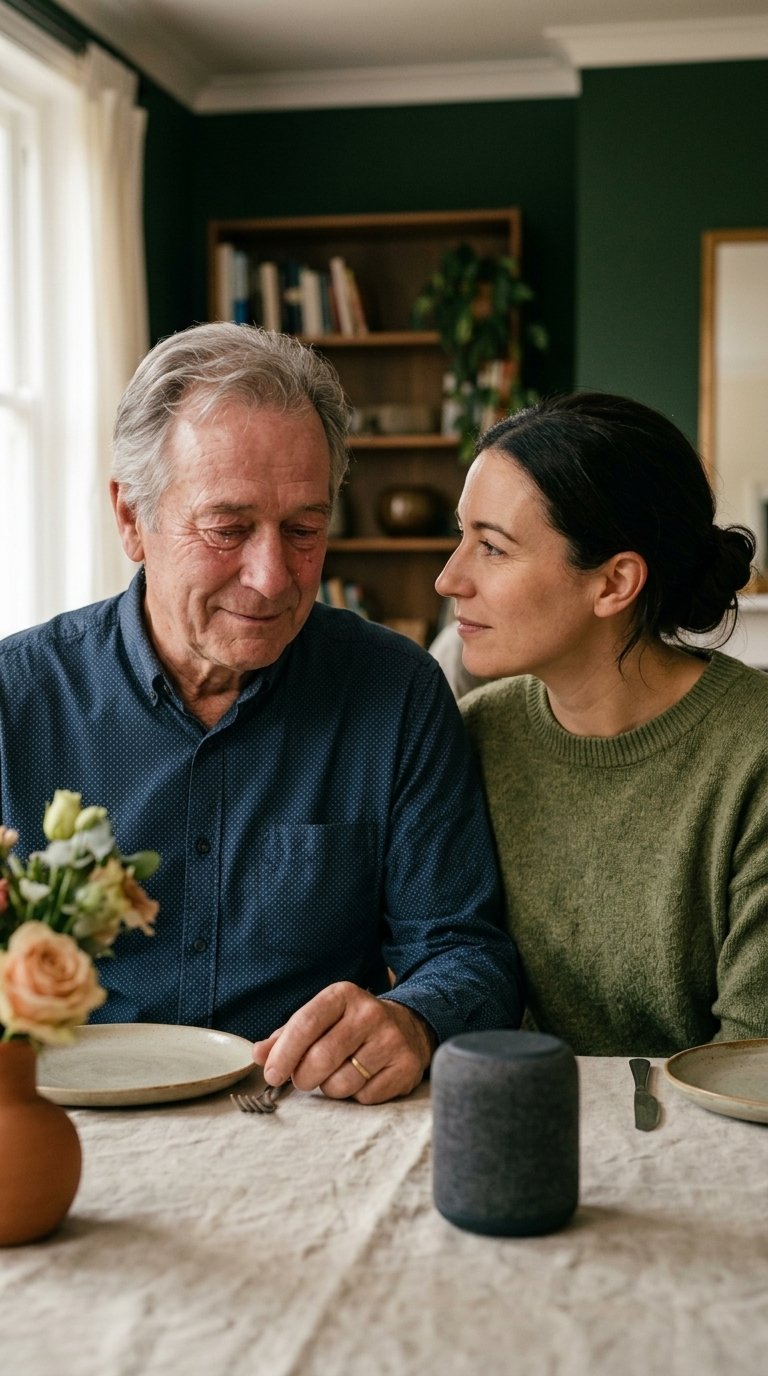 An older man and his daughter at home listening together