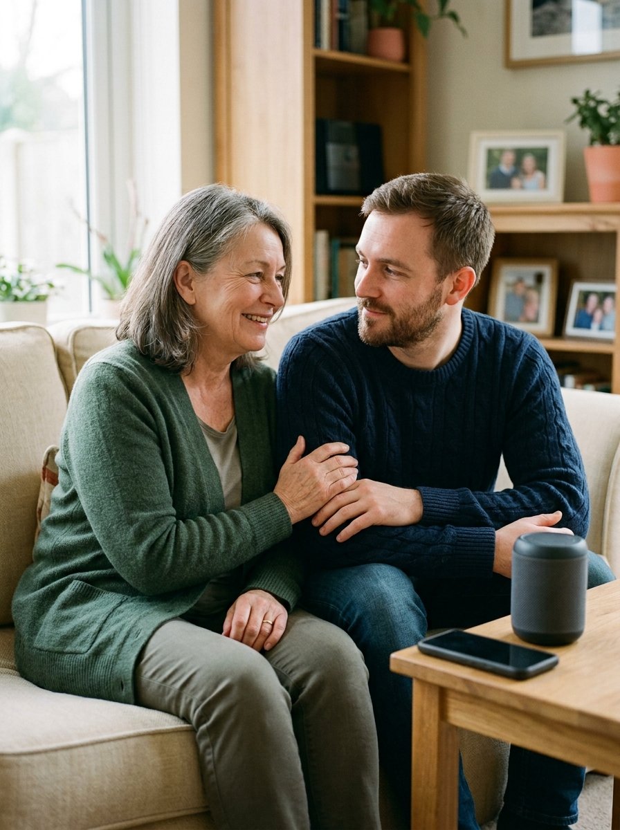 A mother and son listening to a song together at home
